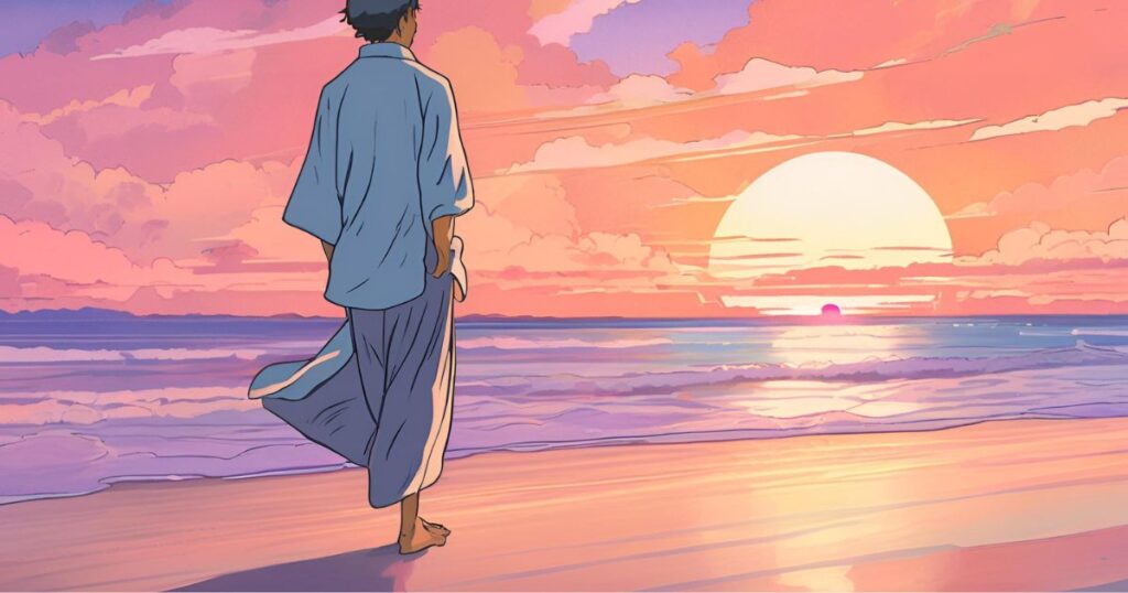 海辺を歩く男性