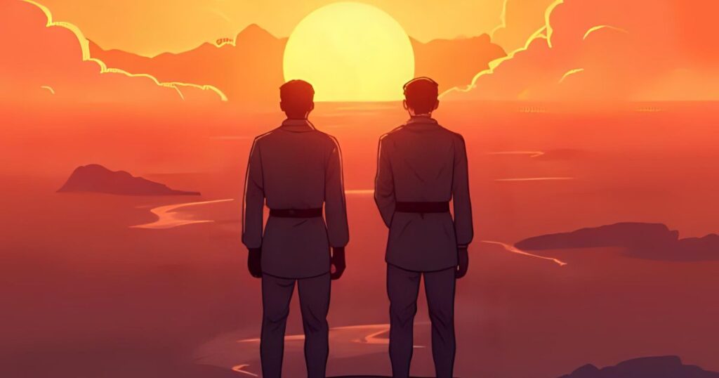 夕日に向かって立つ男性たち