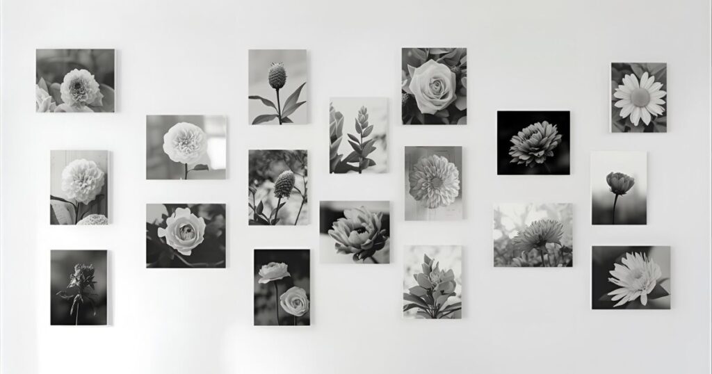 花を撮った写真が飾られた壁