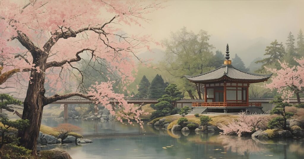 池と桜