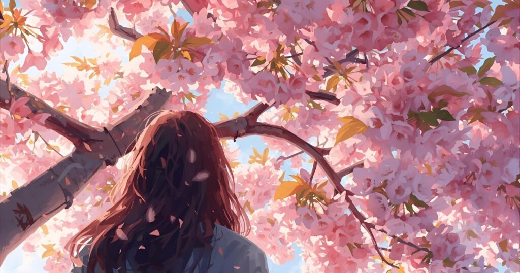 桜の木と女性