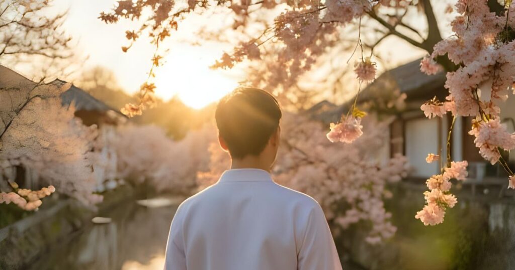桜と男性
