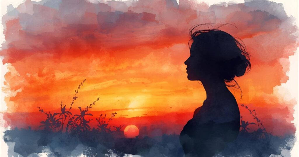 夕焼け空と女性