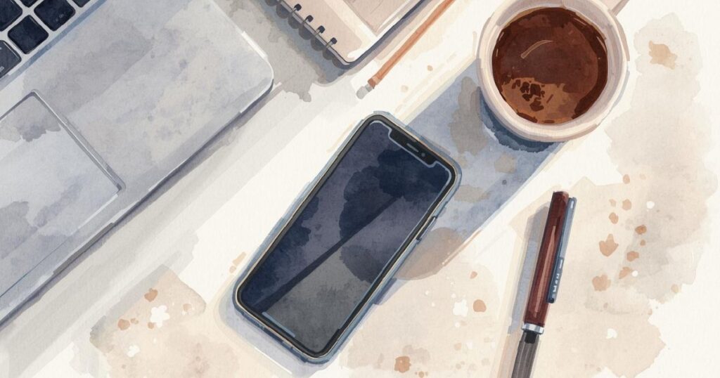 机に置かれたスマホ