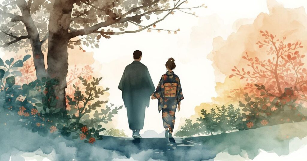 森林を歩く恋人