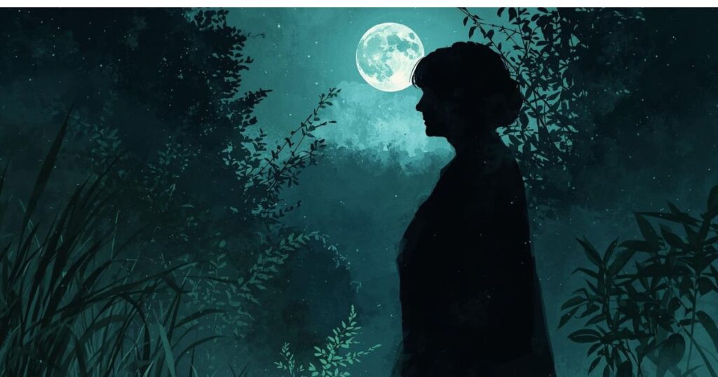 夜の森を歩く女性