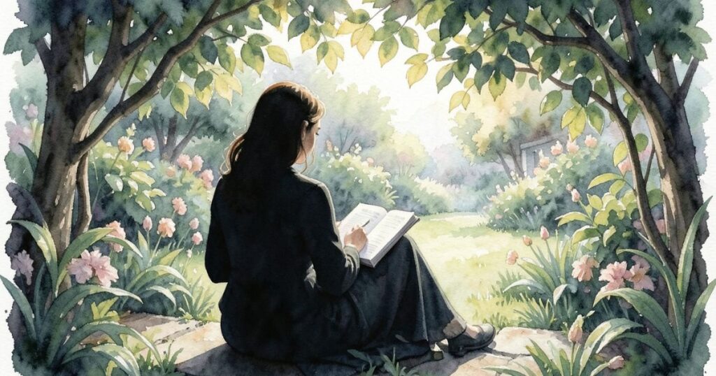 座って本を読む女性