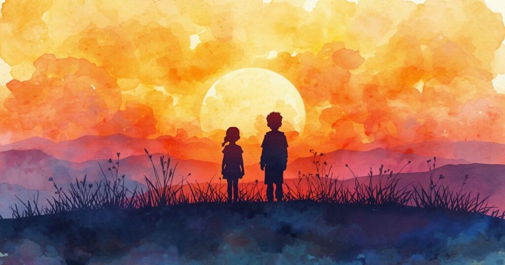 夕日をみる子どもたち