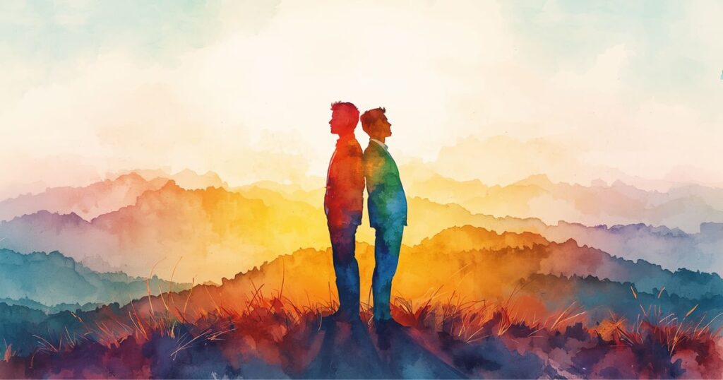 背中合わせで立つ男性