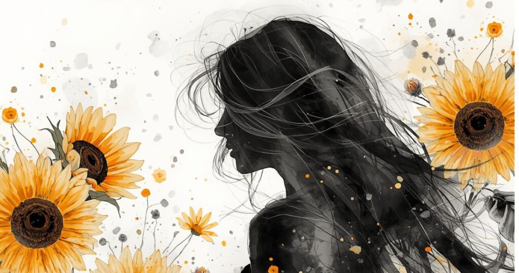 ひまわり畑と女性