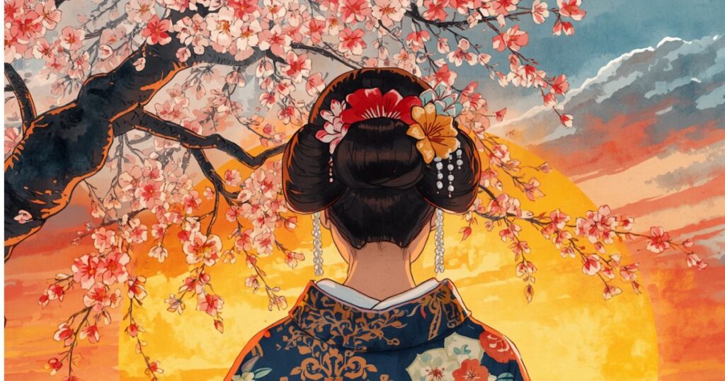 桜の木と着物の女性