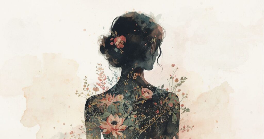 女性の後ろ姿と草花