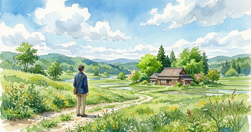 田園風景の中、家の方向を見つめる男性の後ろ姿
