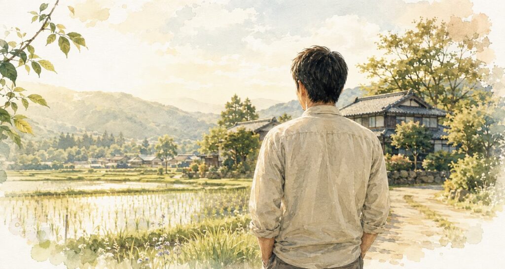 田舎道を一人で歩く男性の後ろ姿