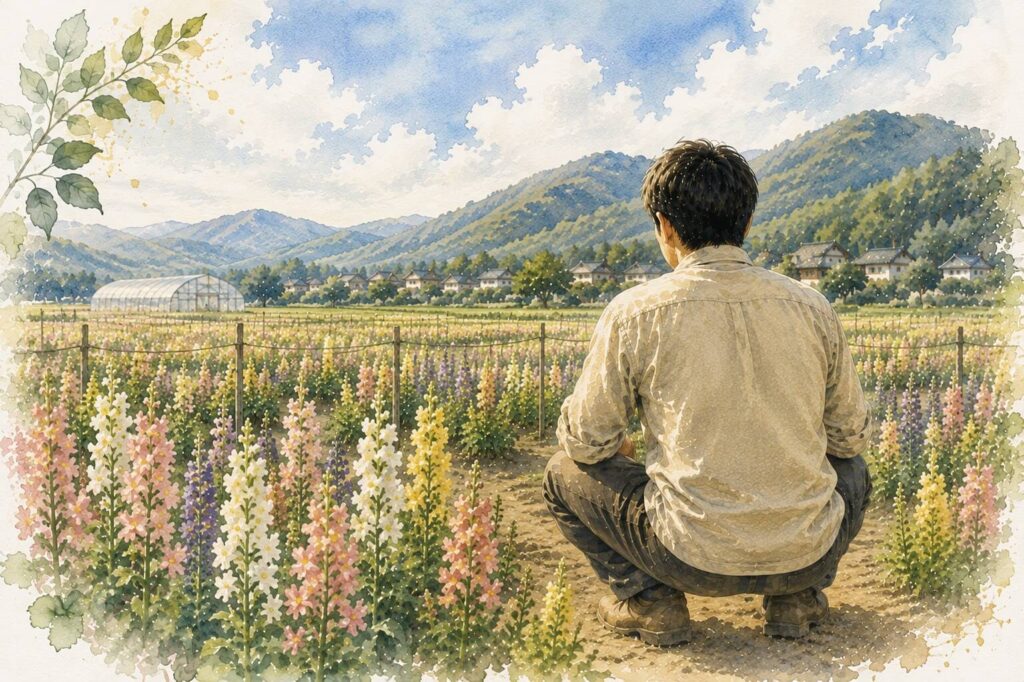 花畑を見つめる男性