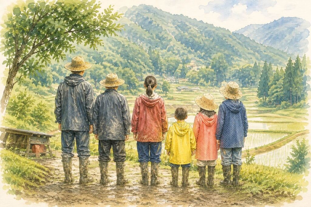 田んぼに立つ家族