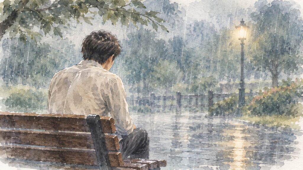 雨の中、公園のベンチに一人で座る男性
